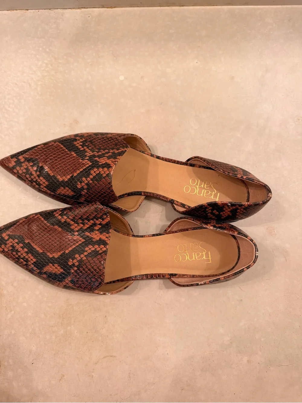 Franco Sarto Pointed D'Orsay Flats in Brown Snake Print